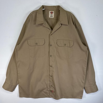 古着 ディッキーズ Dickies 長袖シャツ ワーク 作業着 フラップポケ ワンポイント ロゴ L ベージュ系 無地 メンズ