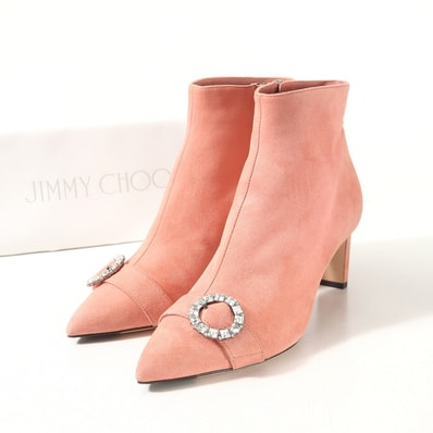 JIMMY CHOO ジミーチュウ Hanover 65 Crystal embellished Suede Ankle Boots ブーツ サイズ38 1/2 ビジュー レザー アンクル ブーティ ヒール ブランド古着【中古】20251201/RA6729