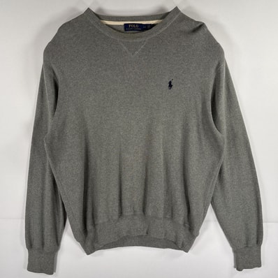 古着 ポロ・ラルフローレン POLO RALPH LAUREN コットンニットトレーナー クルーネック 前V ワンポイントロゴ L グレー メンズ
