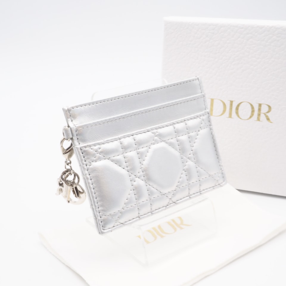 極美品 Dior ディオール レディディオール フリージア カードホルダー S0974PNHN_M090 カードケース メタリックシルバー レザー レディース