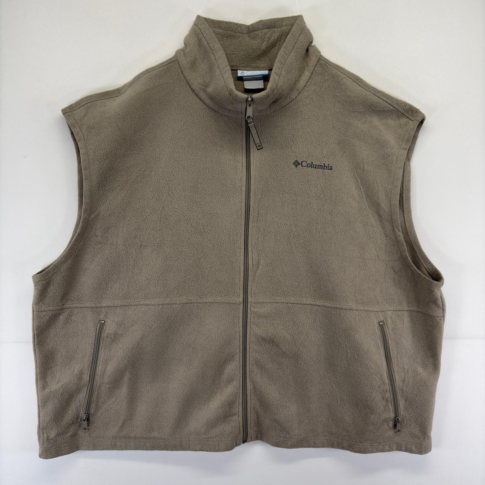 古着 コロンビア Columbia ベスト フリース ロゴ刺しゅう アウトドア 大きいサイズ フルジップ ワンポイント 4XL  ベージュ系 メンズ