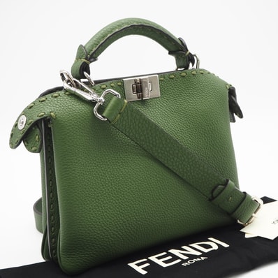美品 FENDI フェンディ セレリア ピーカブー ソフト スモール 7VA647 2wayハンドバッグ グリーン カーフレザー メンズ