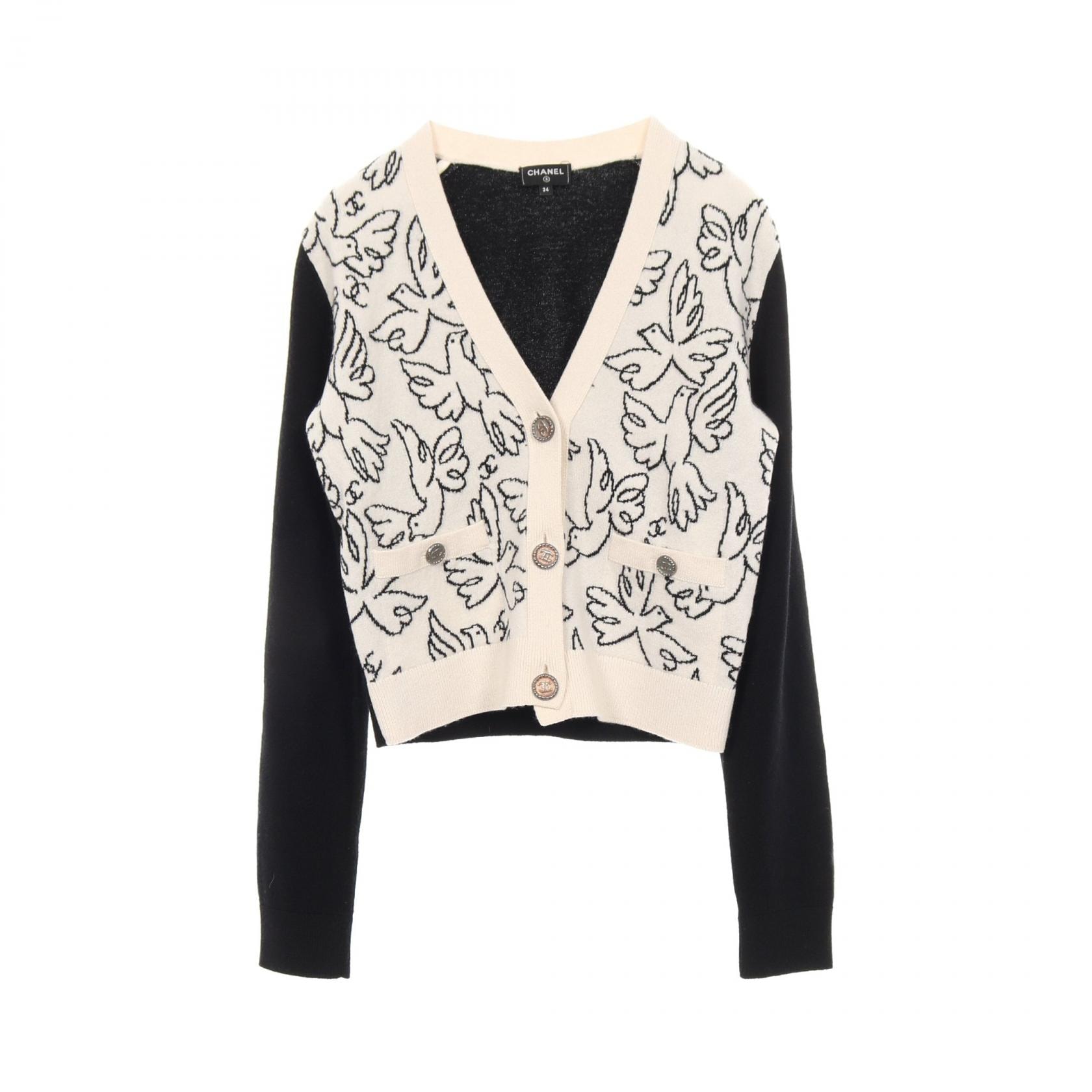 シャネル CHANEL ココマークボタン ニット カーディガン 衣料品 トップス カシミヤ レディース ホワイト系 / ブラック系 【中古】