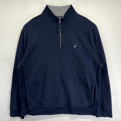 古着 ノーティカ NAUTICA スウェット 大きいサイズ トレーナー ハーフジップ プルオーバー ワンポイントロゴ刺繍 2XL ネイビー メンズ