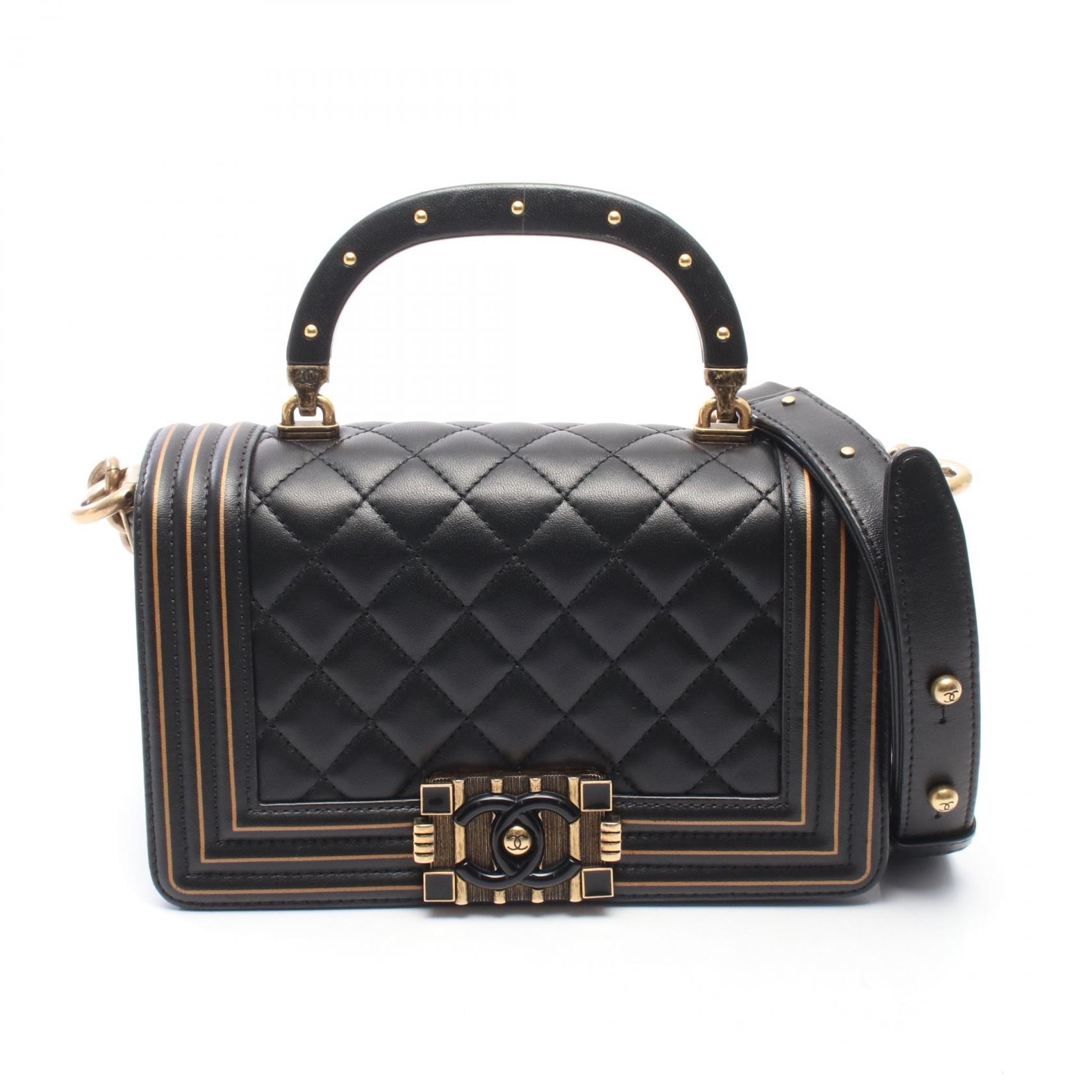 シャネル CHANEL ボーイシャネル スモール トップハンドル ショルダーバッグ バッグ ラムスキン(羊革) レディース ブラック系 【中古】