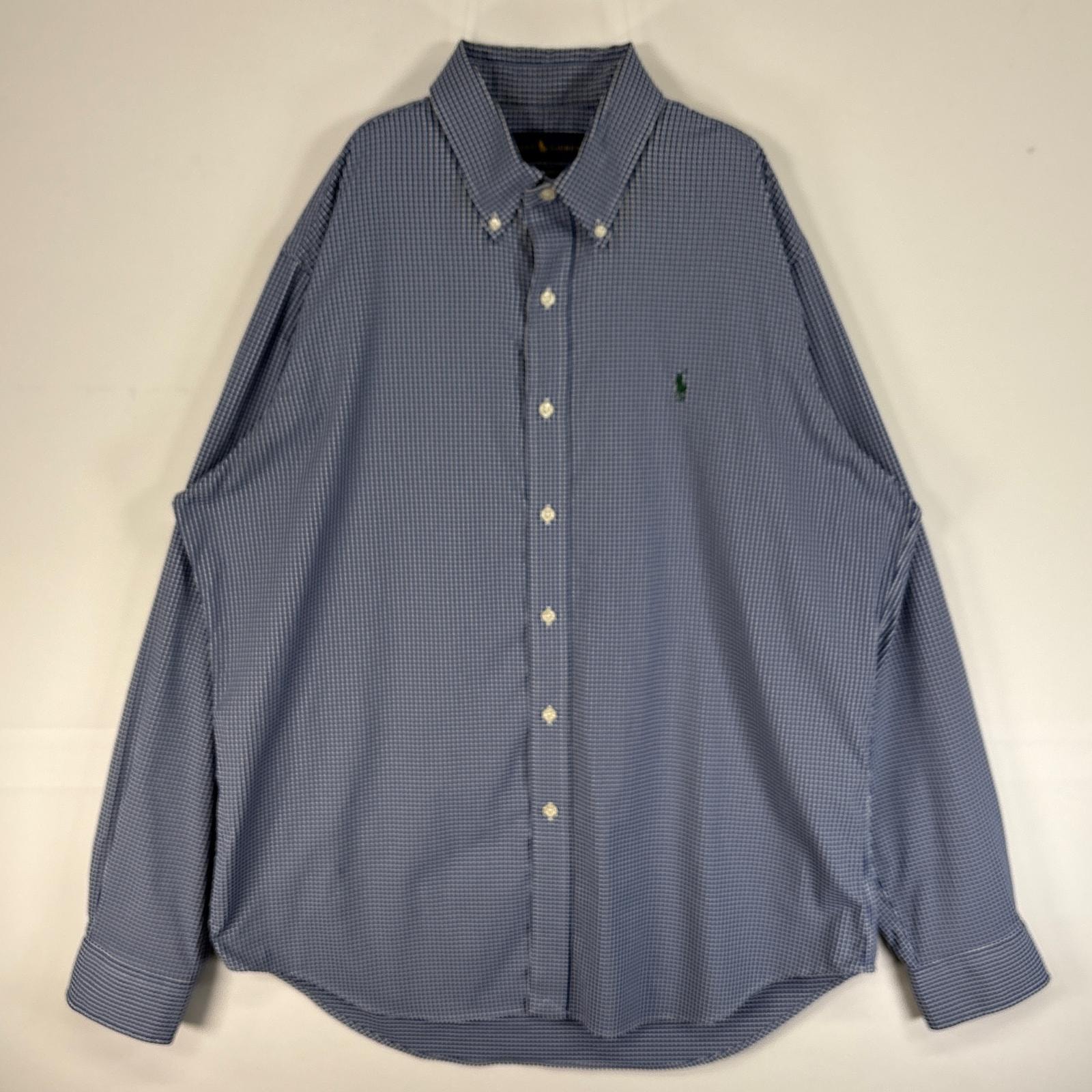 古着 ラルフローレン RALPH LAUREN 長袖シャツ ロゴ 刺繍 ボタンダウン ナイロン L  ブルー系 チェック メンズ