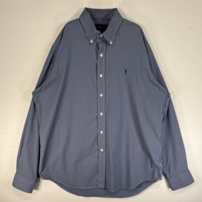 古着 ラルフローレン RALPH LAUREN 長袖シャツ ロゴ 刺繍 ボタンダウン ナイロン L ブルー系 チェック メンズ