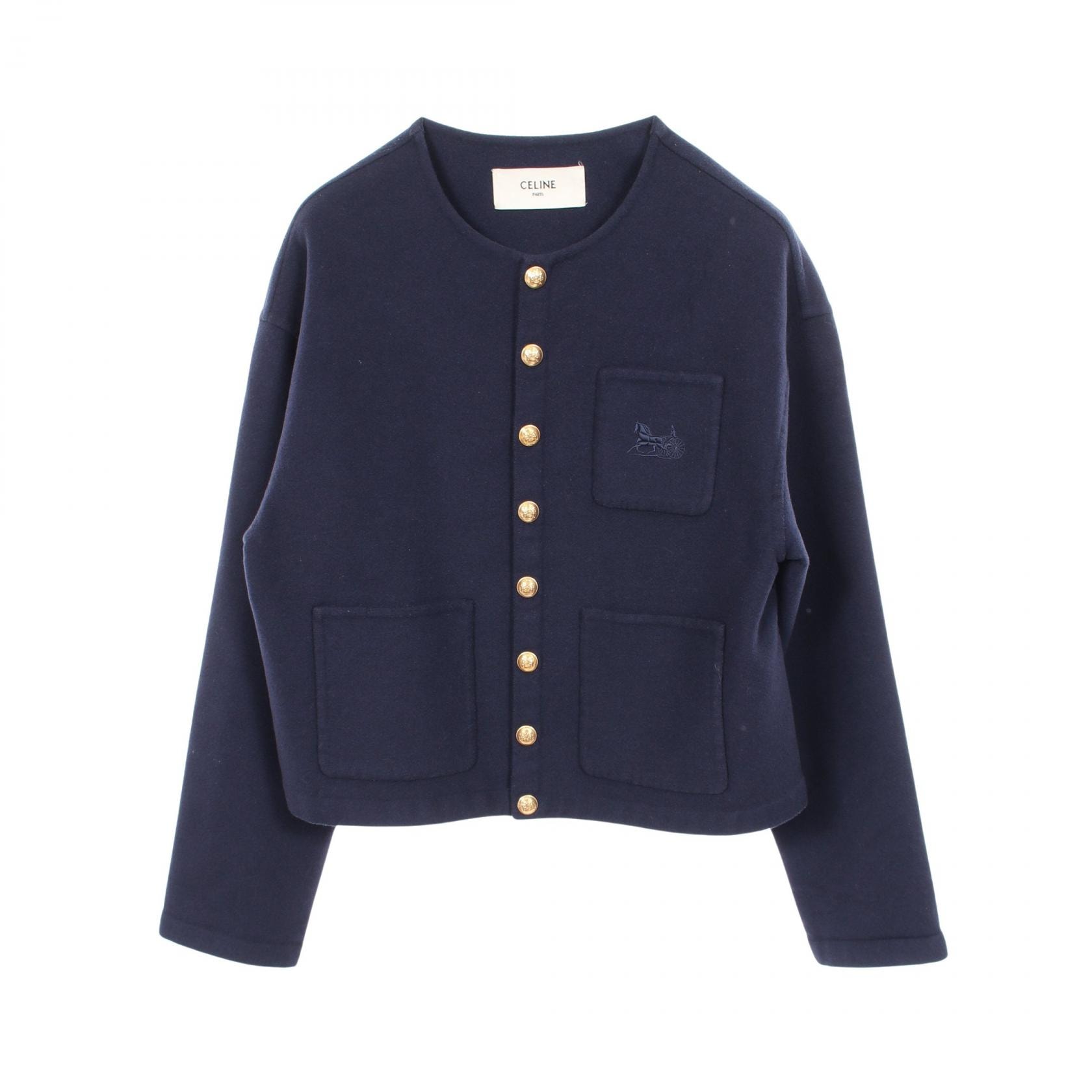 セリーヌ CELINE サルキー刺繍 ノーカラージャケット 衣料品 アウター カシミヤ レディース ネイビー系 2V41E6700 【中古】