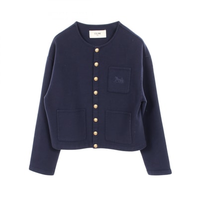 セリーヌ CELINE サルキー刺繍 ノーカラージャケット 衣料品 アウター カシミヤ レディース ネイビー系 2V41E6700 【中古】