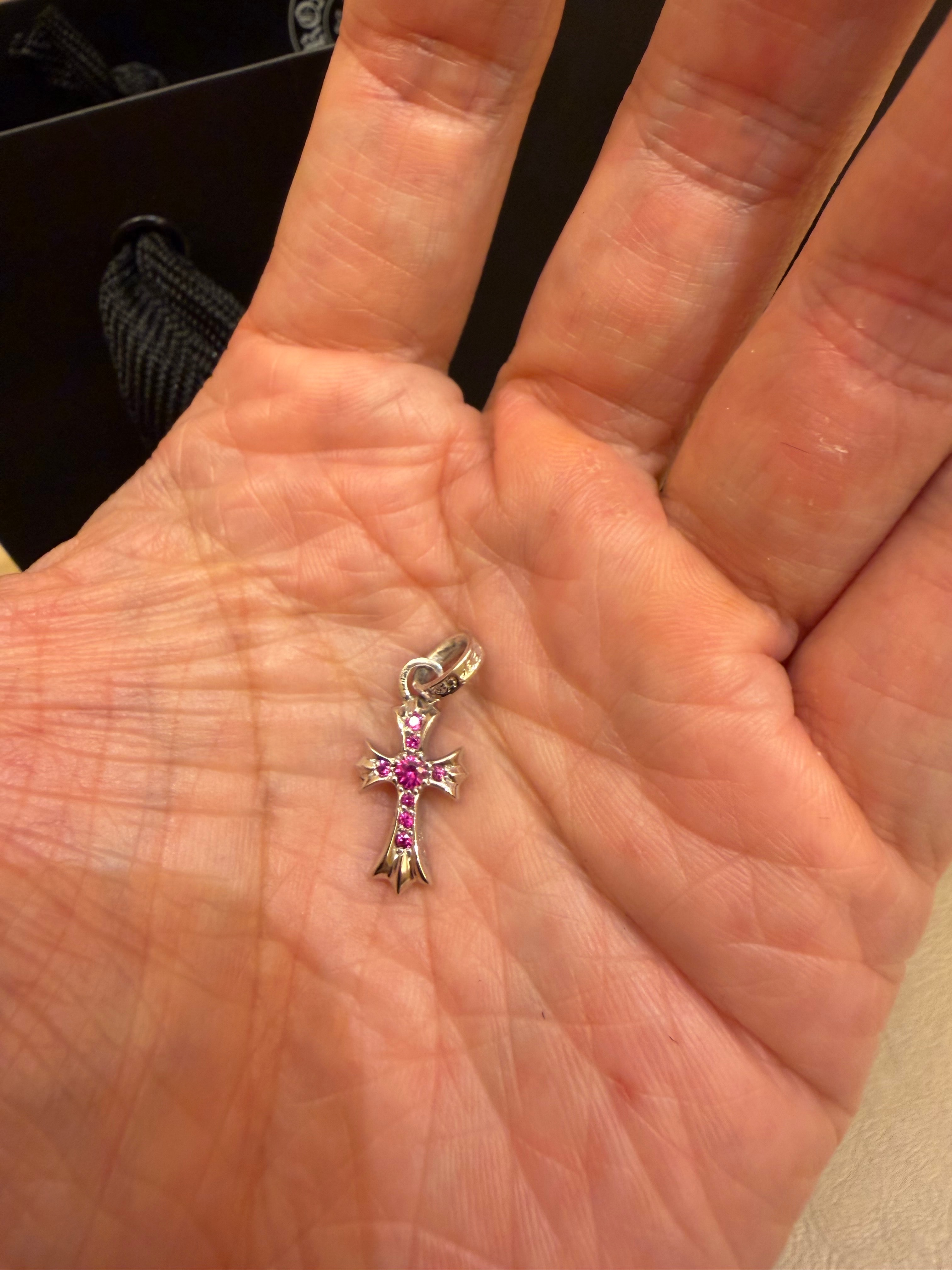 Chrome Hearts 18K CH Cross Baby Fat Charm with Pave Pink Sapphire "White Gold"