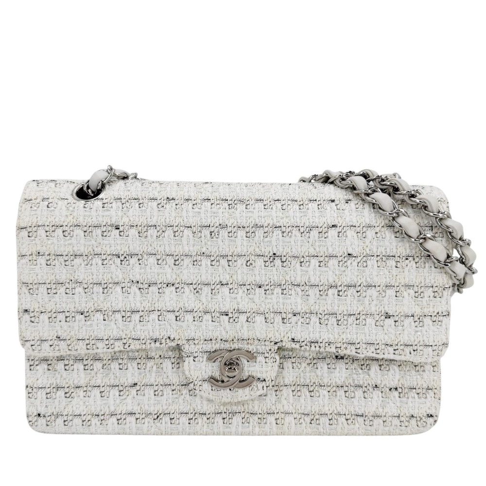 CHANEL シャネル ショルダーバッグ マトラッセ25 ココマーク 肩掛け 斜め掛け ダブルフラップ ダブルチェーン ツイード レザー ホワイト 白 シルバー金具 レディース【中古品】