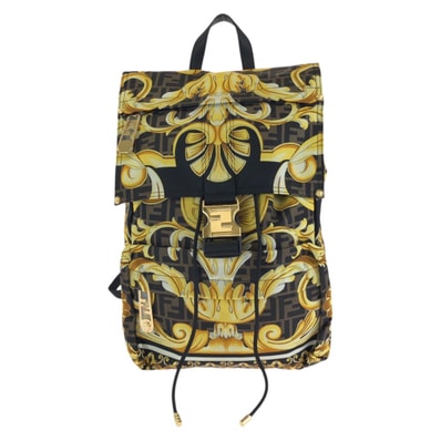 超美品 FENDI フェンディ フェンダーチェ FENDI×VERSACE ブラック ブラウン イエロー ゴールド金具 ナイロン リュックサック バックパック 602502 【中古】