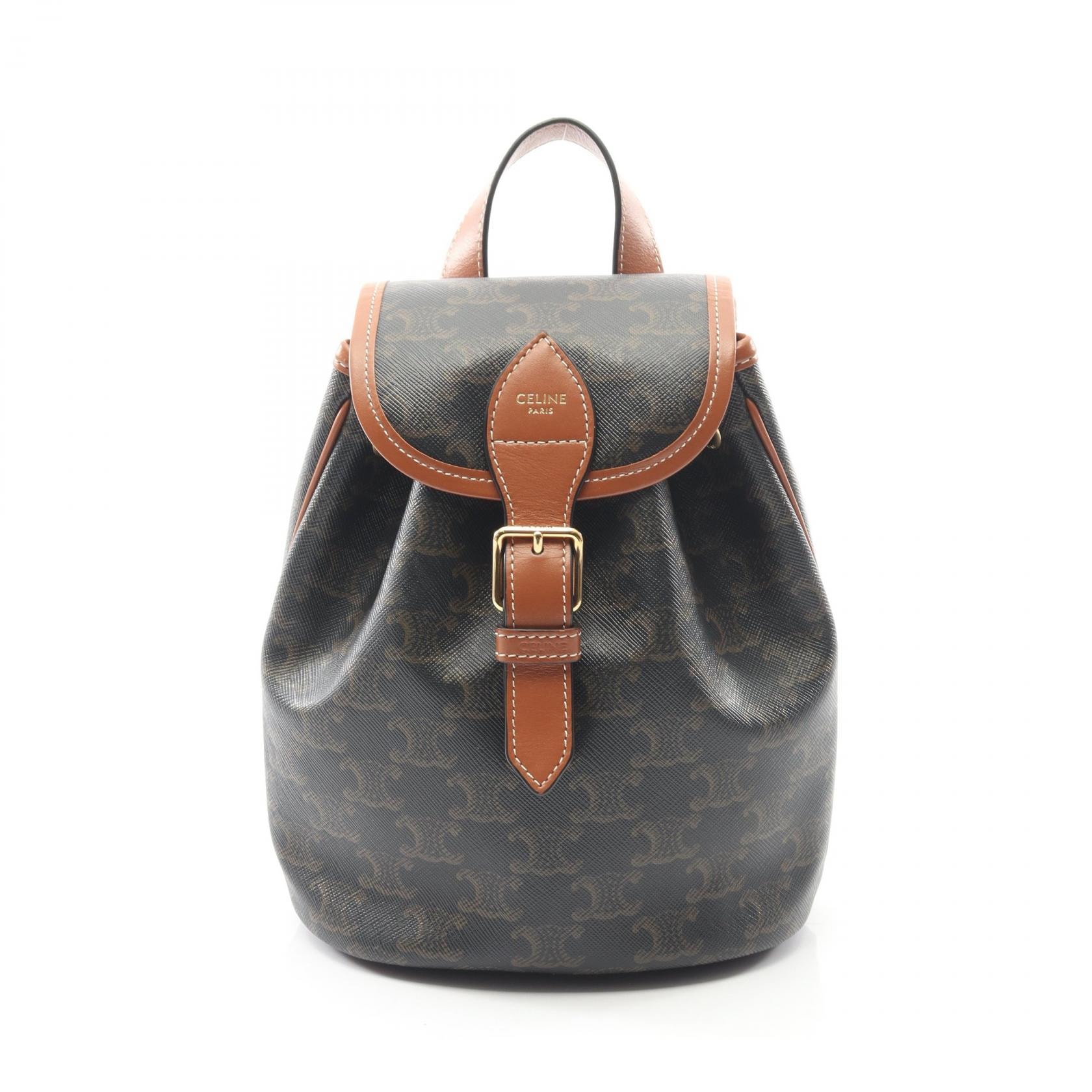 セリーヌ CELINE ミニ フォルコバックパック トリオンフ リュックサック バックパック バッグ PVCコーティングキャンバス レザー レディース ブラック系 / ブラウン系 197662CAS.04LU 【中古】