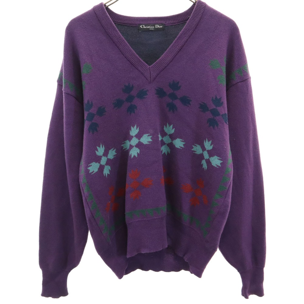 Christian Dior クリスチャンディオール 90s ウール オールド 長袖 Vネック セーター M パープル系 SPORTS ニット