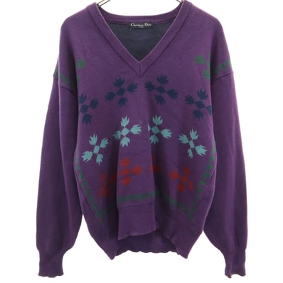 Christian Dior クリスチャンディオール 90s ウール オールド 長袖 Vネック セーター M パープル系 SPORTS ニット