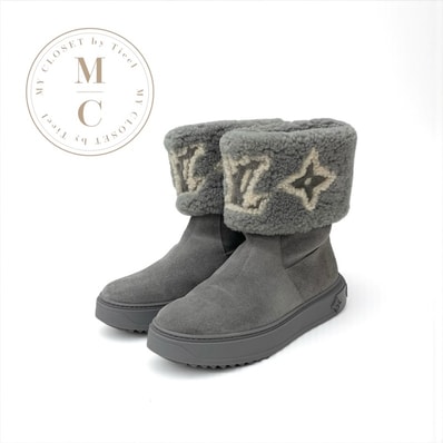 ルイヴィトン LOUIS VUITTON スノードロップライン モノグラム ブーツ ショートブーツ 靴 シューズ スエード ムートン グレー ボア アンクルブーツ