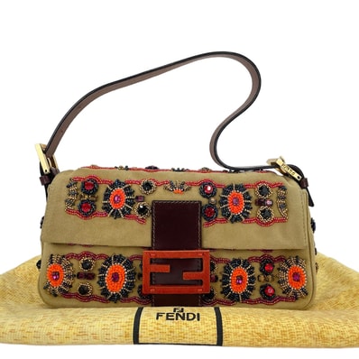 フェンディ FENDI スエード マンマバケット ビーズ ショルダーバッグ【中古】