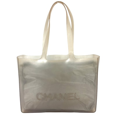 シャネル CHANEL ロゴ ポーチ付き カバン トートバッグ ビーチバッグ ショルダーバッグ ラバー グレー