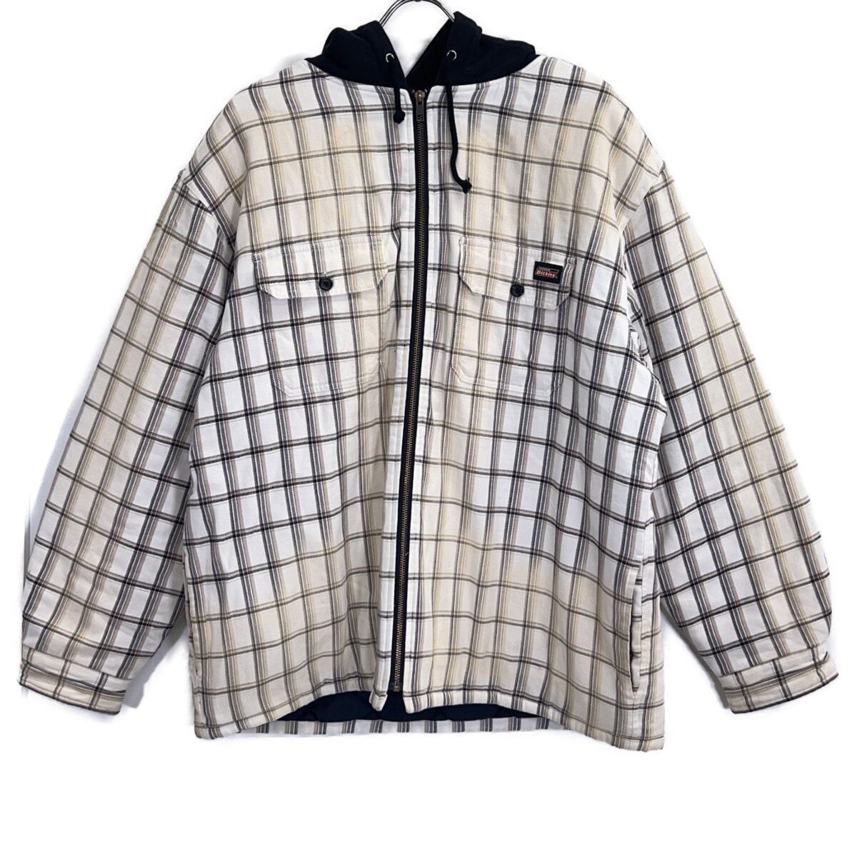 シュプリーム 23FW ホワイト チェック柄 ×Dickies  Plaid Hooded Zip Up Shirt M