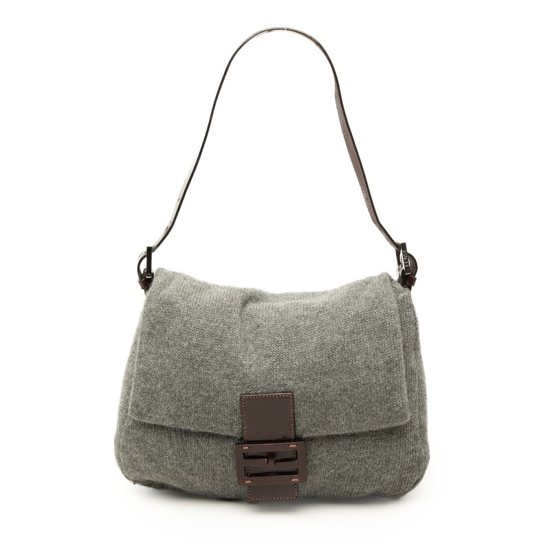 フェンディ マンマバケット ハンドバッグ ワンショルダーバッグ グレー ブラウン ニット レザー レディース FENDI 中古