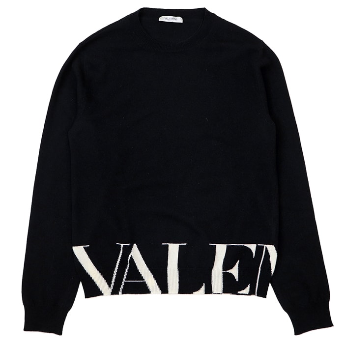 SALE【美品】Valentino ヴァレンチノ ニット ウール/カシミヤ サイズ S メンズ ロゴ ロングスリーブ 長袖 トップス ブラック ホワイト 黒 白 イタリア製