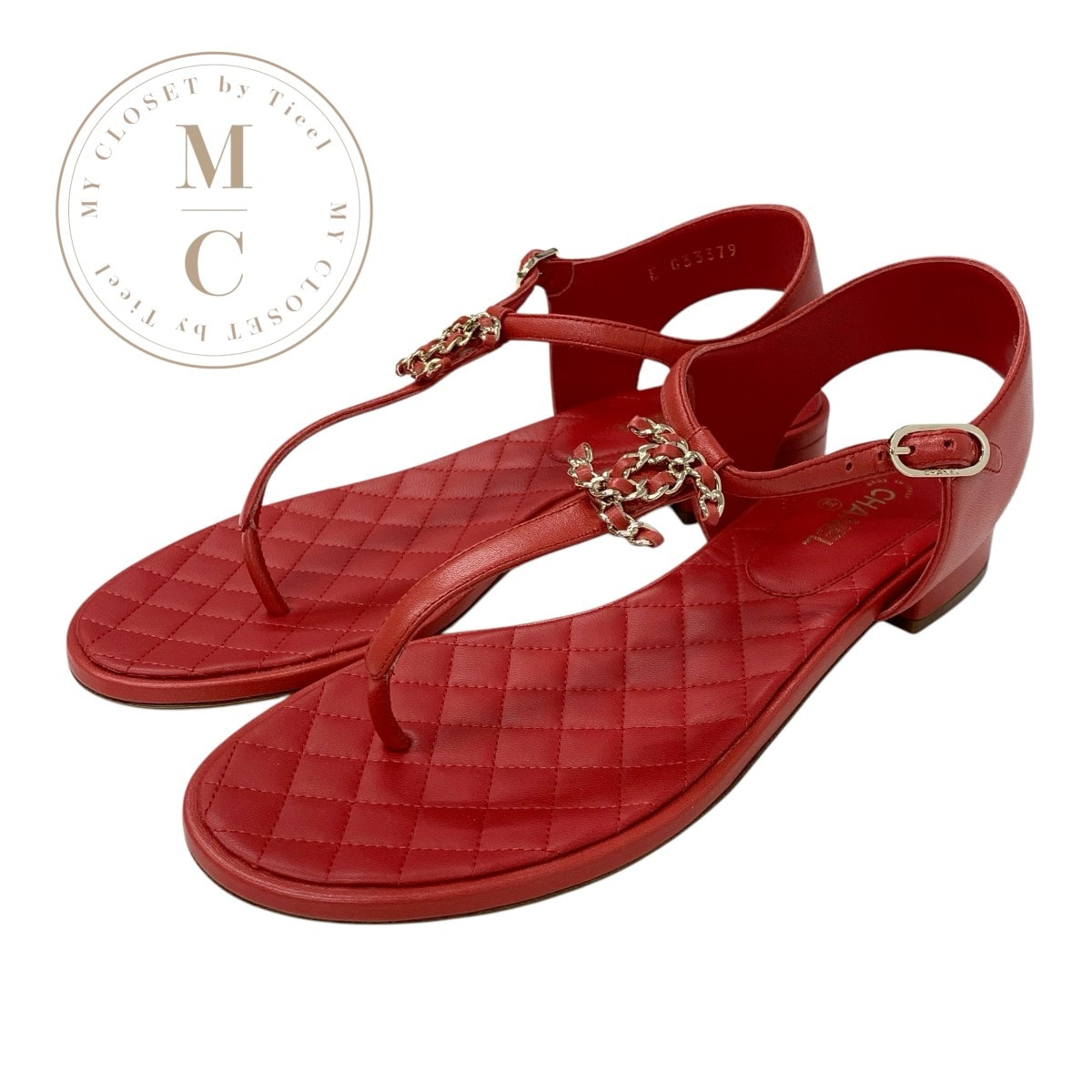 シャネル CHANEL サンダル 靴 シューズ レザー レッド 赤 ゴールド ココマーク チェーン ストラップ トング