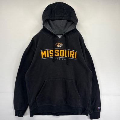 古着 チャンピオン Champion パーカー プルオーバー スウェット カレッジロゴ フーディ ワッペン L ブラック メンズ