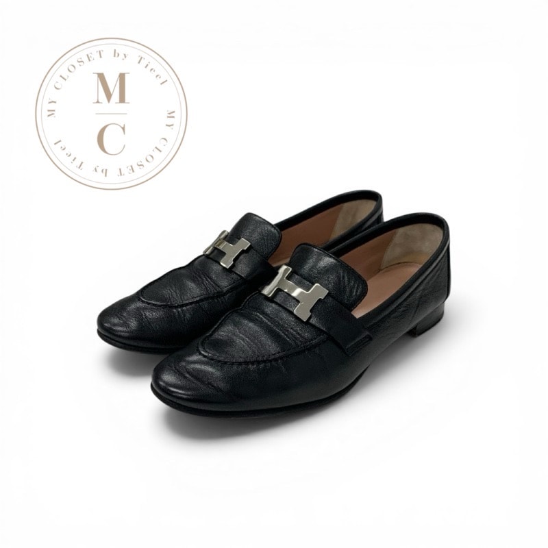 エルメス HERMES パリ ローファー 革靴 靴 シューズ レザー ブラック 黒 シルバー H金具 モカシン