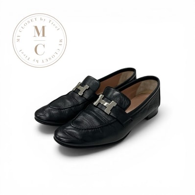 エルメス HERMES パリ ローファー 革靴 靴 シューズ レザー ブラック 黒 シルバー H金具 モカシン