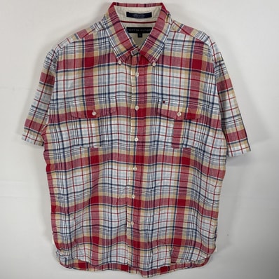 古着 トミーヒルフィガー TOMMY HILFIGER 半袖シャツ ボタンダウンシャツ 胸ポケ リネンシャツ M レッド系 チェック メンズ
