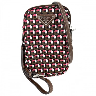 PRADA プラダ ショルダーバッグ トライアングルロゴ 総柄 スマホショルダー ポーチ 2WAY 1N1860 ナイロン カーキ ピンク シルバー金具 レディース 美品【中古品】