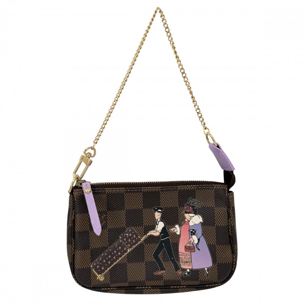 LOUIS VUITTON ルイヴィトン ハンドバッグ ダミエ ミニポシェットアクセソワール イリュストレ アクセサリーポーチ N63003 モノグラムキャンバス    ブラウン 茶 パープル 紫
 ゴールド金具 レディース【中古品】