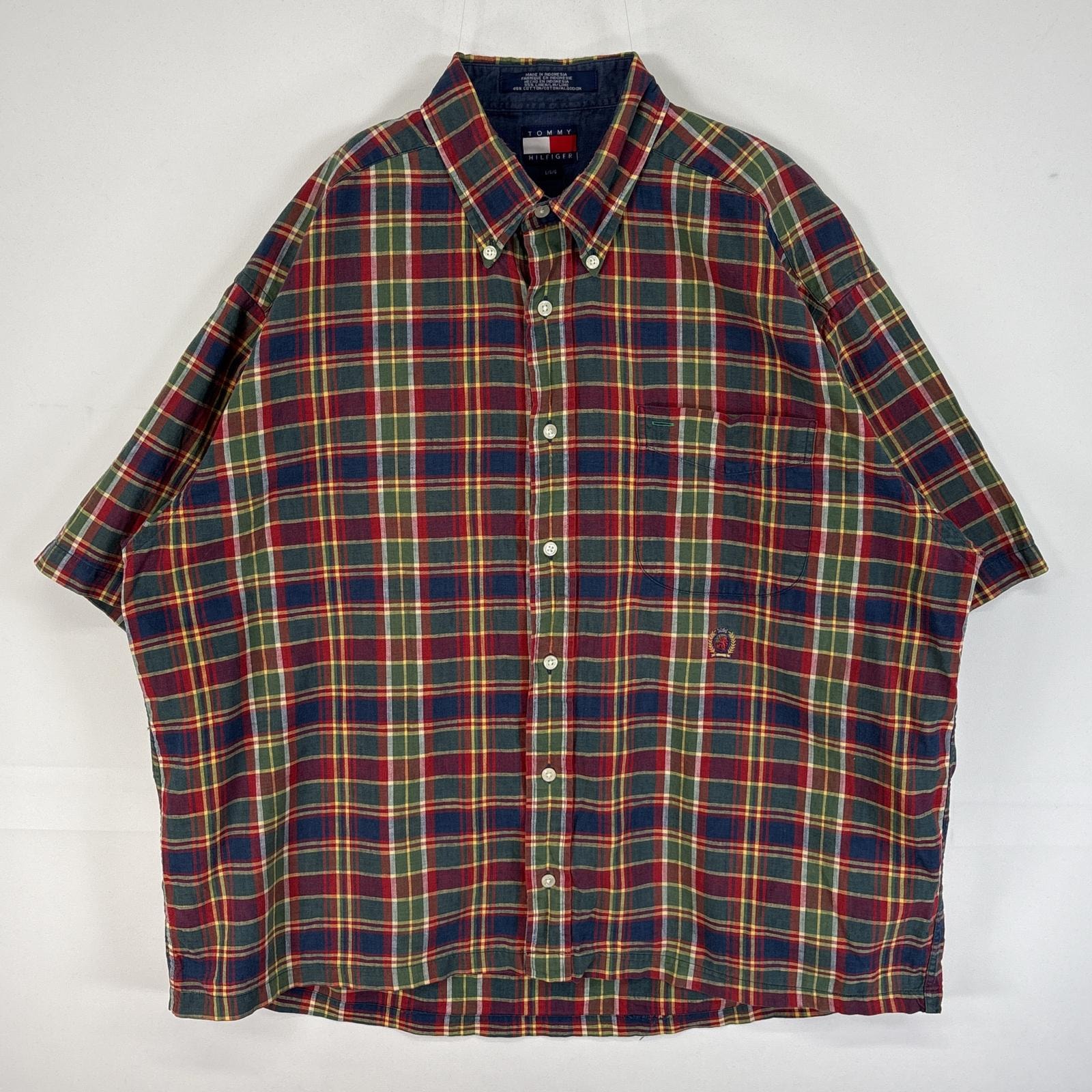 古着 90's/90年代 トミーヒルフィガー TOMMY HILFIGER 半袖シャツ リネン 短丈 旧ロゴ 刺繍 L マルチカラー チェック メンズ