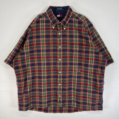 古着 90's/90年代 トミーヒルフィガー TOMMY HILFIGER 半袖シャツ リネン 短丈 旧ロゴ 刺繍 L マルチカラー チェック メンズ