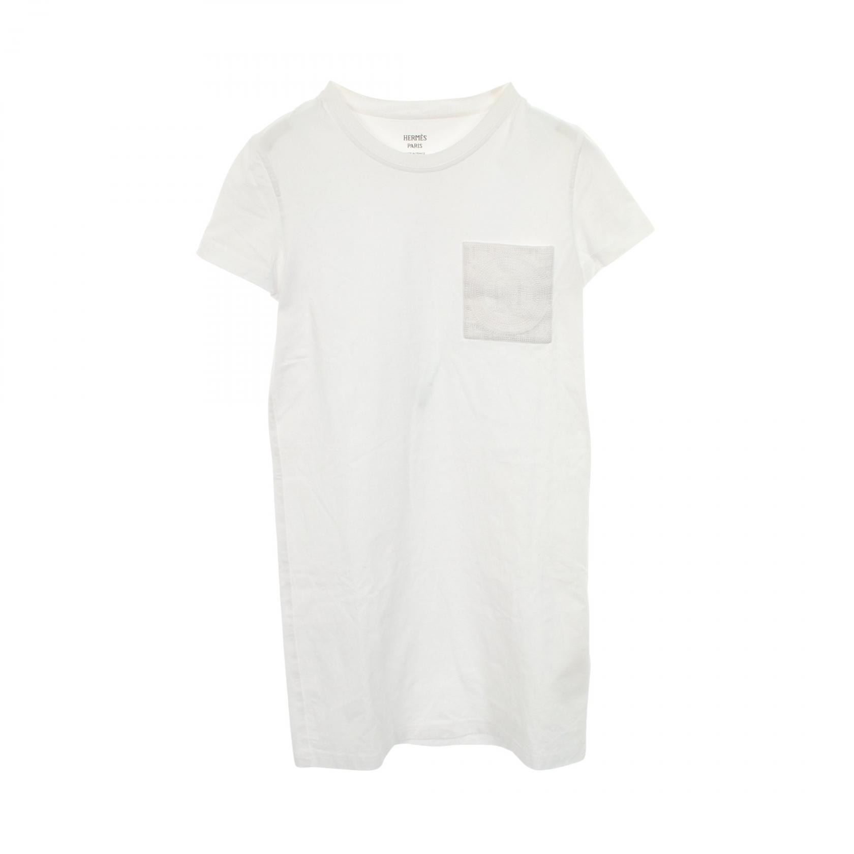 エルメス HERMES モザイク ワンピース 刺繍ポケット クルーネック ワンピース 衣料品 トップス コットン ホワイト レディース ホワイト系 3E4509DL 【中古】