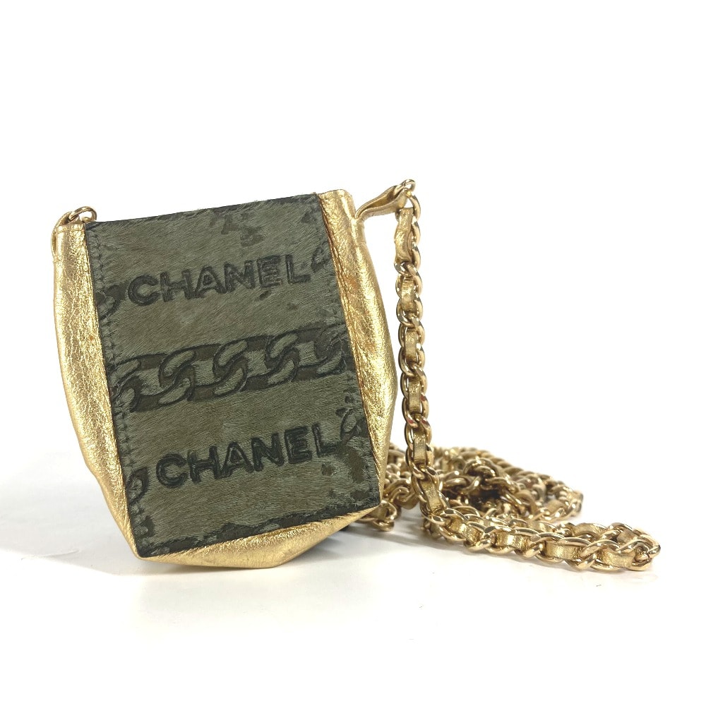 シャネル CHANEL ロゴ チェーン カバン ポシェット ヴィンテージ ミニ チェーンバッグ ショルダーバッグ レザー/ハラコ カーキ