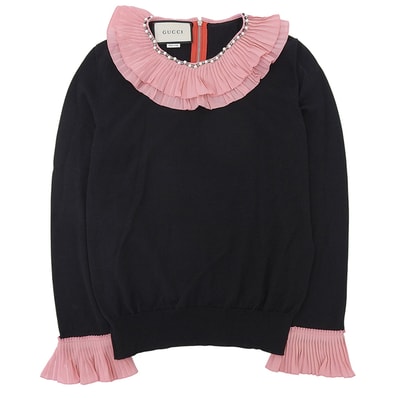 グッチ 美品 ウール プリーツ ラッフル ニット トップス レディース ブラック×ピンク M 472455 M