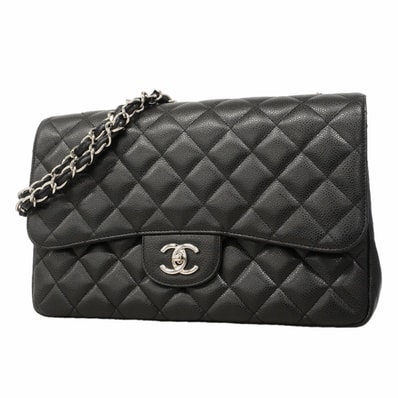 ★SALE【6hd3064-h】シャネル ショルダーバッグ デカマトラッセ Wチェーン キャビアスキン ブラック シルバー金具【中古】レディース