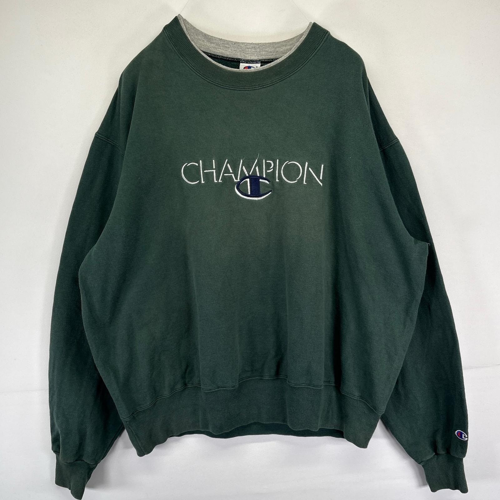 古着 90's/90年代 チャンピオン Champion スウェット プルオーバー レイヤードネック ビッグ刺繍ロゴ 2XL  グリーン系 メンズ