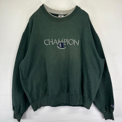 古着 90's/90年代 チャンピオン Champion スウェット プルオーバー レイヤードネック ビッグ刺繍ロゴ 2XL グリーン系 メンズ