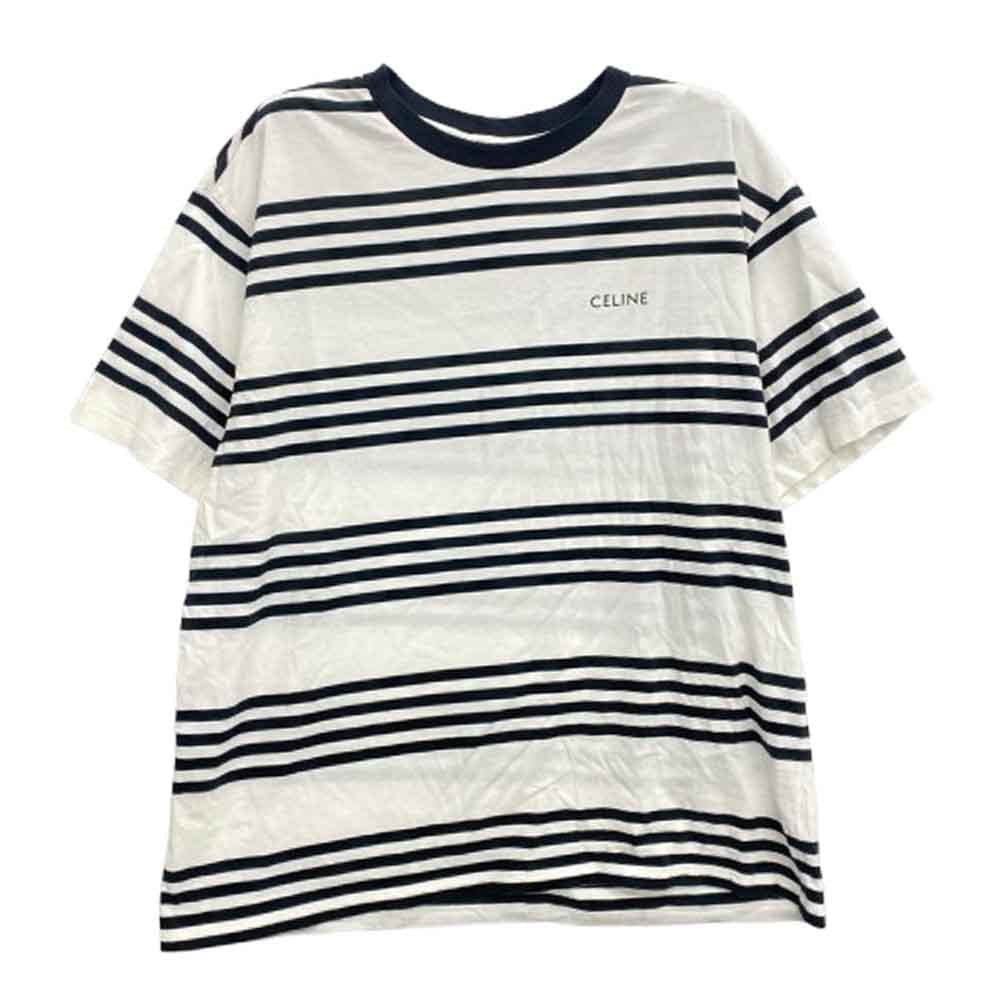CELINE セリーヌ Tシャツ 2X85M800M ロゴプリント ボーダー 半袖 Tシャツ カットソー ホワイト系 XL【中古】