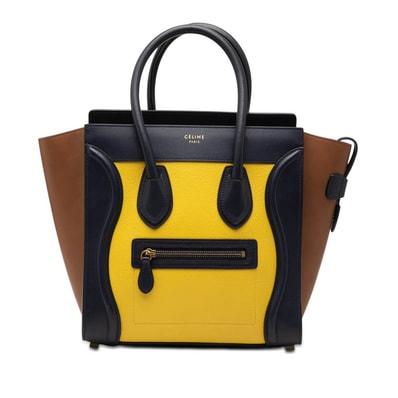 セリーヌ ラゲージ マイクロショッパー ハンドバッグ トートバッグ イエロー ブラウン ネイビー レザー レディース CELINE 【中古】