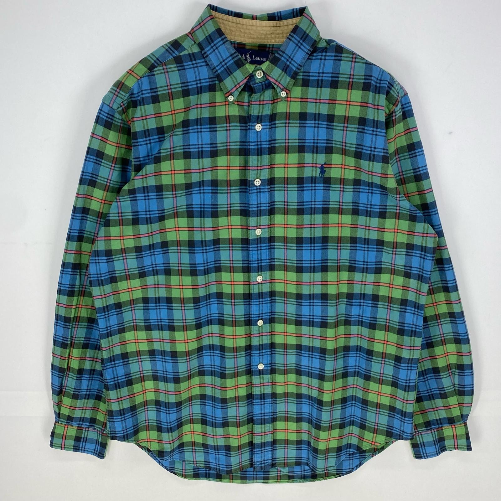 古着 90's/90年代 ラルフローレン RALPH LAUREN 長袖シャツ ボタンダウン ワンポイント L  グリーン系 チェック メンズ