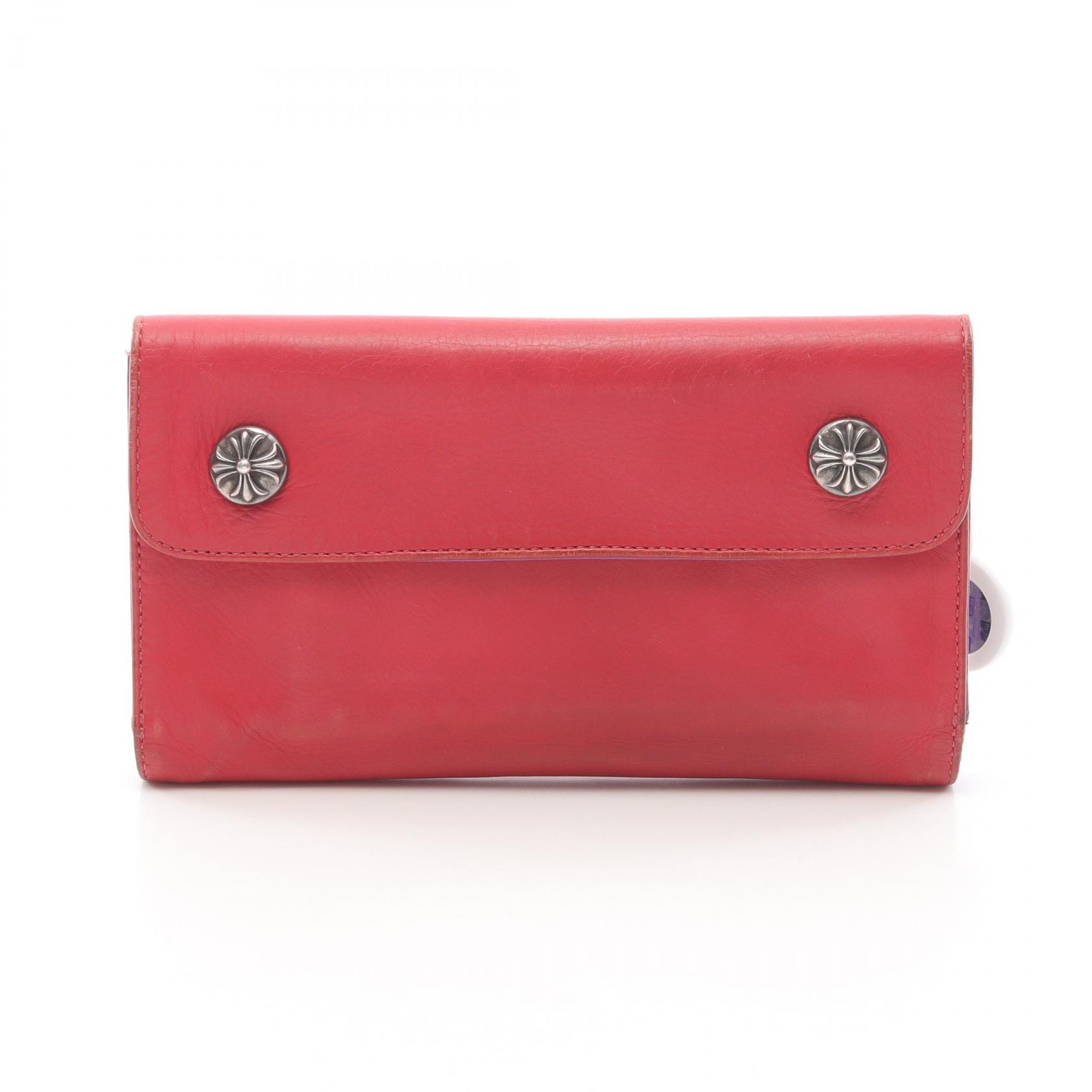 Chrome Hearts Wave Crossball Button Tri-fold Leather Long Wallet "Red"