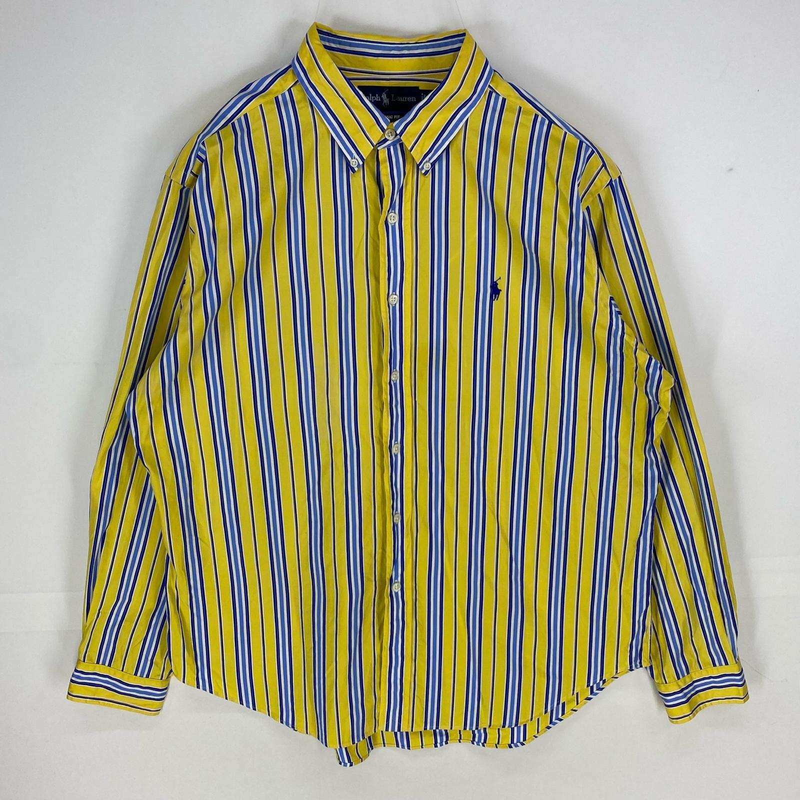 古着 ラルフローレン RALPH LAUREN 長袖シャツ 刺繍ロゴ ワンポイント ボタンダウン XL イエロー系 ストライプ メンズ