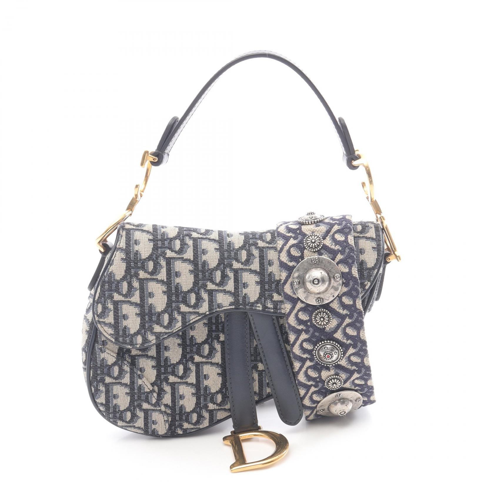 ディオール Dior サドルバッグ ミニ オブリークジャカード ハンドバッグ バッグ キャンバス レザー レディース アイボリー系 / ネイビー系 / ブラック系 28-MA-1108 【中古】