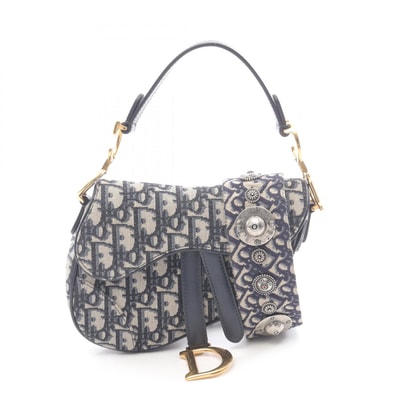 ディオール Dior サドルバッグ ミニ オブリークジャカード ハンドバッグ バッグ キャンバス レザー レディース アイボリー系 / ネイビー系 / ブラック系 28-MA-1108 【中古】