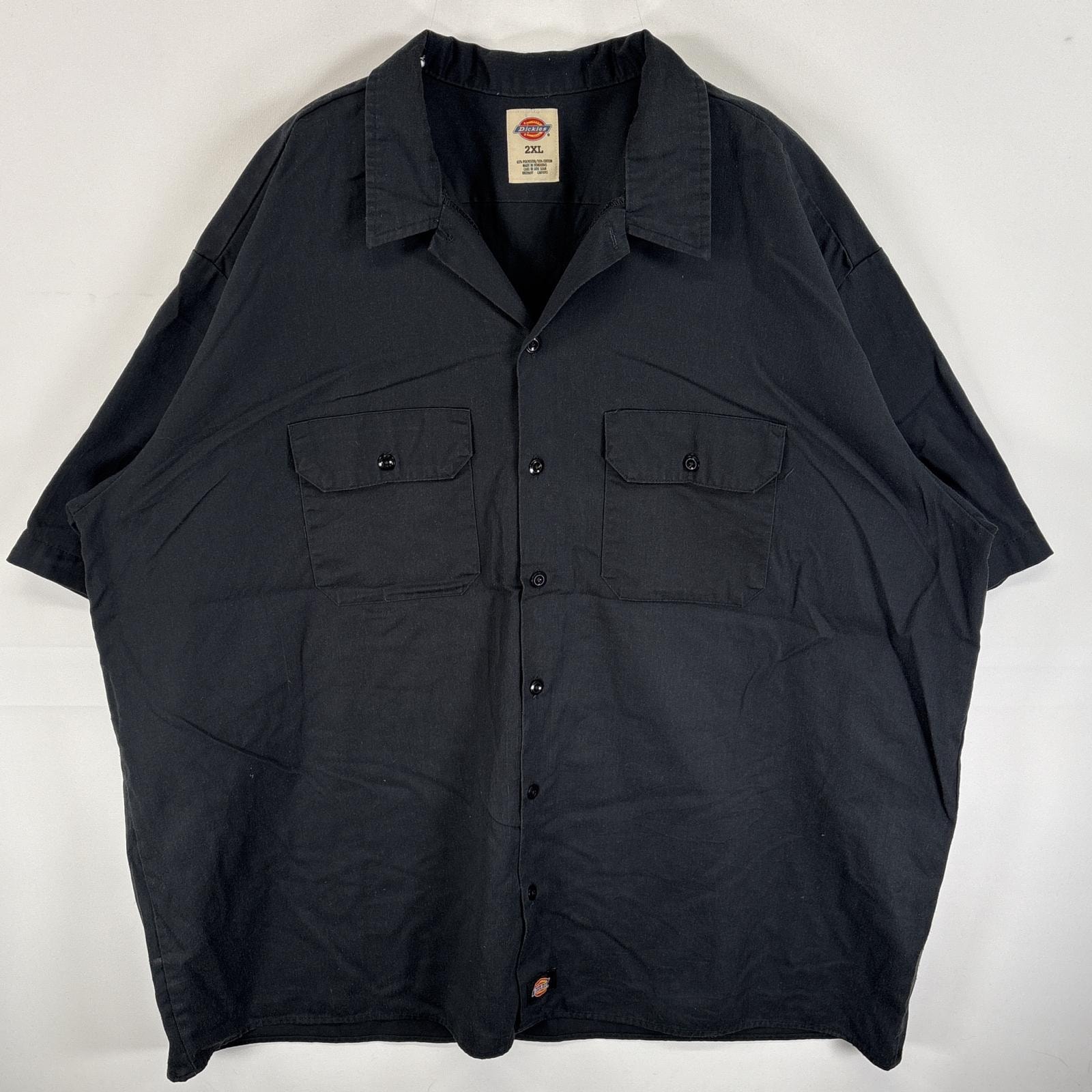 古着 ディッキーズ Dickies 半袖シャツ ワークシャツ ワンポイント ロゴ 大きいサイズ 2XL  ブラック 無地 メンズ