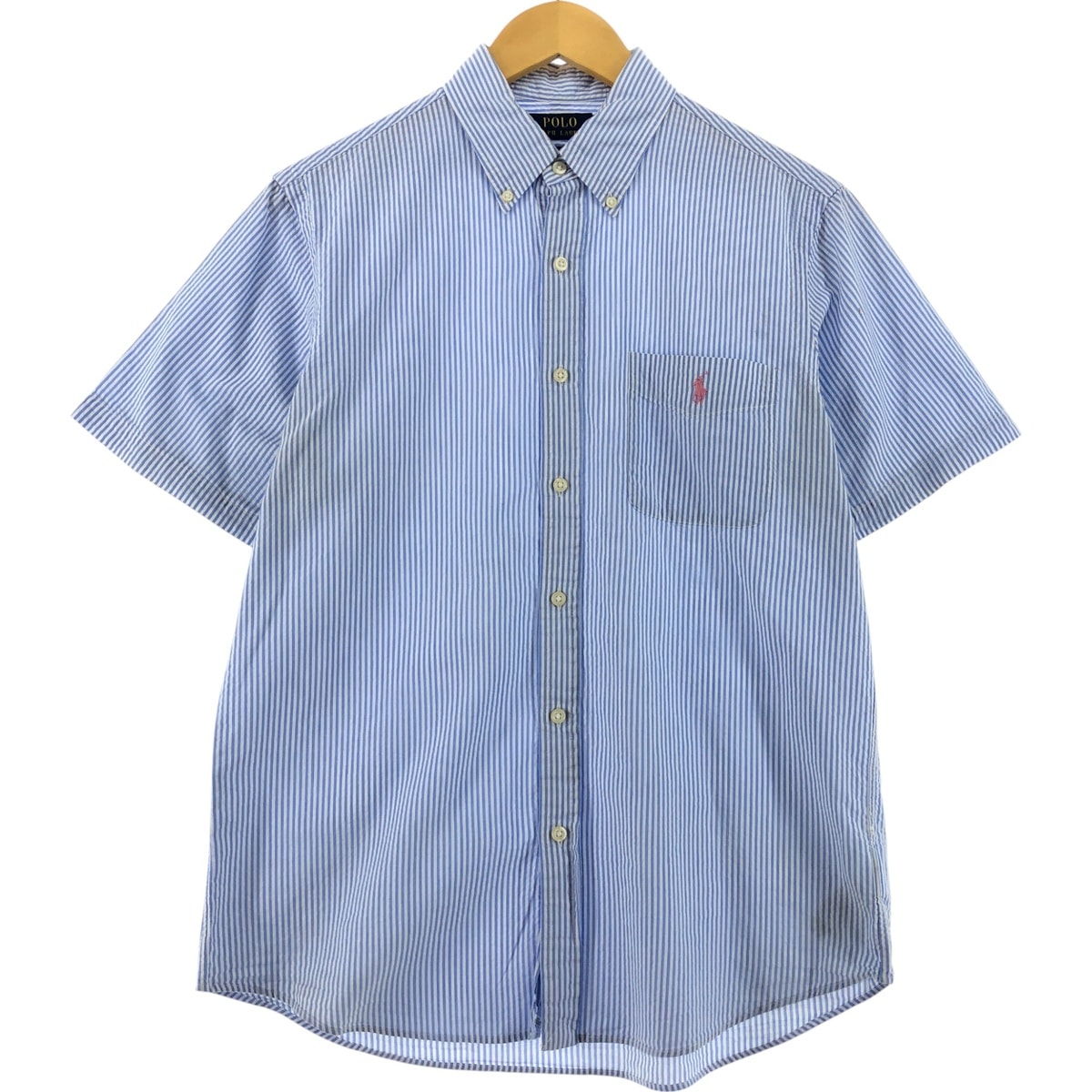 古着 ラルフローレン Ralph Lauren POLO RALPH LAUREN RL UNTUCKED FIT シアサッカー 半袖 ボタンダウン ストライプシャツ メンズM相当/eaa533685