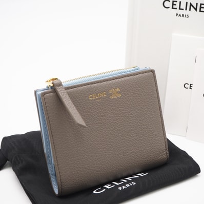極美品 CELINE セリーヌ トリオンフ スタンプ コンパクトウォレット サプル グレインド L100H2O54 二つ折り財布 グレージュ ブルー スムースレザー レディース